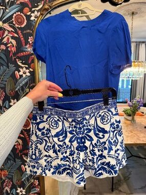 Alice and Olivia blue and white embroidered shirt with blue gauze top